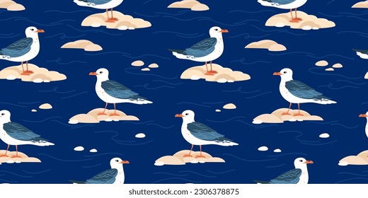 Seamless vector pattern with seagulls. Sea birds stand on the rocks. Cartoon style. Colorful illustration for nursery.