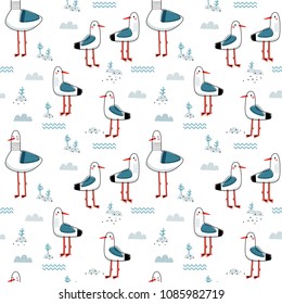 Seamless vector pattern with seagulls for typography poster, card, label, brochure, flyer, page, banner design. Vector illustration background