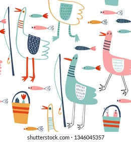 Seamless vector pattern with seagulls for typography poster, card, label, brochure, flyer, page, banner design. Vector illustration background