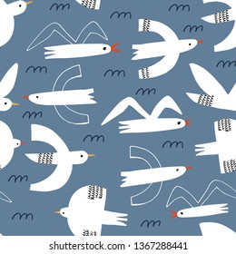 Seamless vector pattern with seagulls for typography poster, card, label, brochure, flyer, page, banner design. Vector illustration background