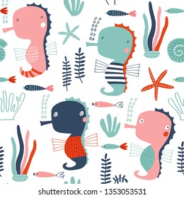 Seamless vector pattern with seahorses for typography poster, card, label, brochure, flyer, page, banner design. Vector illustration background. Pink, blue and green.