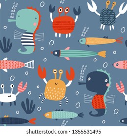 Seamless vector pattern with seahorses for typography poster, card, label, brochure, flyer, page, banner design. Vector illustration background. Pink, blue and green.