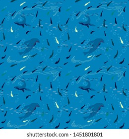 Seamless vector pattern seals and light and dark blue fish swimming underwater perfect for fabric and wrapping paper