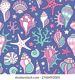 Seamless vector pattern with seashell and sea star. Hand drawn underwater sealife design. Perfect for textile, wallpaper or nursery print.