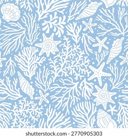 Seamless vector pattern with seashell, sea star and coral reef. Hand drawn underwater sea life illustration. Perfect for textile, wallpaper or print design.