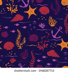 Seamless vector pattern with seashells and fish on purple background. Beautiful underwater wallpaper design. Bright summer beach fashion textile.