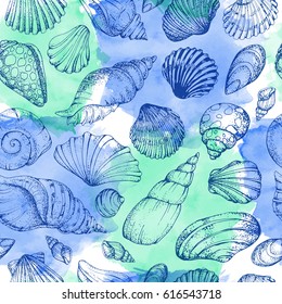 Seamless vector pattern with seashells. Hand drawn vintage sketch elements of engraving. Nautical colorful watercolor background. Can use for pack, paper, wallpaper.