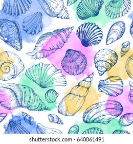 Seamless vector pattern with seashells. Hand drawn vintage sketch elements of engraving. Nautical colorful watercolor background. Can use for pack, paper, wallpaper.