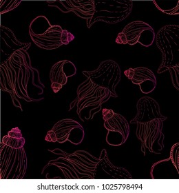 Seamless vector pattern with seashells and jellyfishes on black background. 