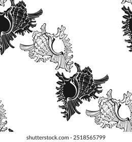 Seamless vector pattern with  seashells. Nature background. Outline and silhouette. Black and white.  Perfect for wallpaper, wrapping, fabric, print and textile. 