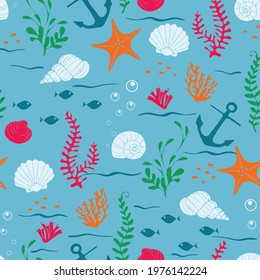 Seamless vector pattern with seashells on blue background. Simple underwater wallpaper design. Tropical holiday fashion textile.