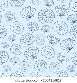 Seamless vector pattern with seashells on a light blue background