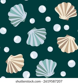 seamless vector pattern of seashells and pearls on dark teal background, repeating underwater ocean design, elegant and nautical texture for textile and print