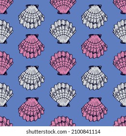 Seamless vector pattern with seashells in pink and gray colors on blue background. Good print for wrapping paper, wallpaper, fabric design and packaging