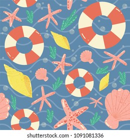 Seamless vector pattern of seashells, seaweed and life floats. Simple and adorable design for posters, sites, t-shirts, nursery and kids prints
