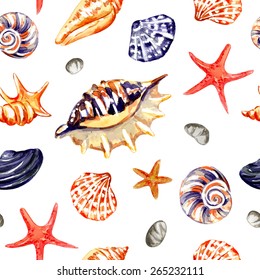 Seamless vector pattern with seashells and starfish. Watercolor texture. Nautical background. Can be used for wallpaper,  banner, pack, web page. 