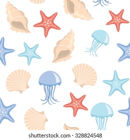 seamless vector pattern with seashells, starfish and jellyfish on white background