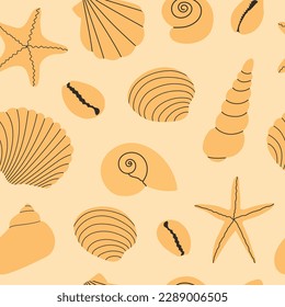 Seamless vector pattern with seashells and starfishes. Hand draw various seashells on a tropical beach. Monochrome pattern. Summer marine animal background design. Vacation travel concept. 