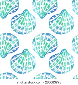 Seamless vector pattern with seashells. Watercolor texture. Vector background. Can be used for wallpaper, banner, pack, web page. Blobs, stain, paints blot. 