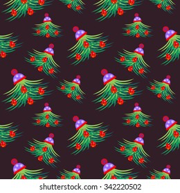 Seamless vector pattern. Seasonal dark winter green background with chaotic fir-trees, decorated with Christmas toys and winter hat.
