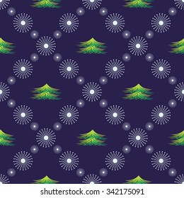 Seamless vector pattern. Seasonal winter symmetrical blue background with snowflakes and fir-trees.