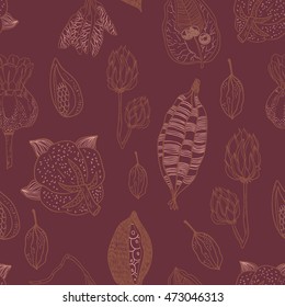 Seamless vector pattern with seeds and seed pods in autumn colors. Organic natural shapes.