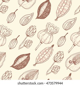 Seamless vector pattern with seeds and seed pods in autumn colors. Organic natural shapes.
