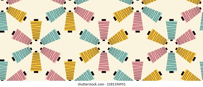 Seamless vector pattern with serger threads in vintage yellow, baby blue and bright pink arranged in circles on a retro beige backgroud. For sewing enthusiasts and needle women.