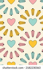 Seamless vector pattern with serger threads in vintage yellow, baby blue and bright pink forming waves which sourround coloured hearts. Fun seamless background for sewing enthusiasts and DIY bloggers.