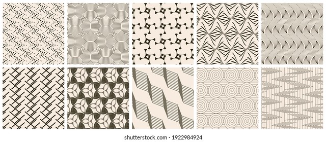 Seamless vector pattern set. Abstract simple geometrical texture. Dark brown on yellow old paper background.  Retro thin lines. Modern lattice graphic design.