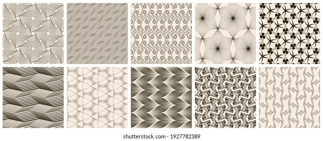 Seamless vector pattern set. Abstract simple geometrical texture. Dark brown on yellow old paper background.  Retro thin lines. Modern lattice graphic design.