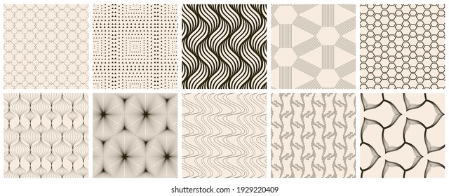 Seamless vector pattern set. Abstract simple geometrical texture. Dark brown on yellow old paper background.  Retro thin lines. Modern lattice graphic design.