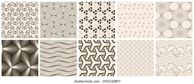Seamless vector pattern set. Abstract simple geometrical texture. Dark brown on yellow old paper background.  Retro thin lines. Modern lattice graphic design.
