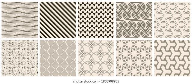 Seamless vector pattern set. Abstract simple geometrical texture. Dark brown on yellow old paper background.  Retro thin lines. Modern lattice graphic design.