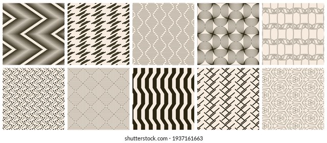 Seamless vector pattern set. Abstract simple geometrical texture. Dark brown on yellow old paper background.  Retro thin lines. Modern lattice graphic design.