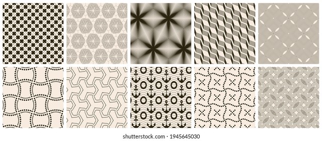 Seamless vector pattern set. Abstract simple geometrical texture. Dark brown on yellow old paper background.  Retro thin lines. Modern lattice graphic design.