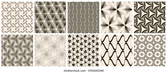 Seamless vector pattern set. Abstract simple geometrical texture. Dark brown on yellow old paper background.  Retro thin lines. Modern lattice graphic design.