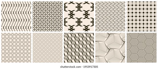 Seamless vector pattern set. Abstract simple geometrical texture. Dark brown on yellow old paper background.  Retro thin lines. Modern lattice graphic design.