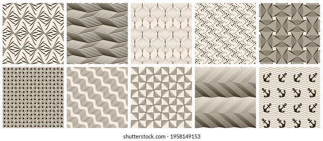 Seamless vector pattern set. Abstract simple geometrical texture. Dark brown on yellow old paper background.  Retro thin lines. Modern lattice graphic design.