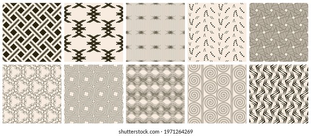 Seamless vector pattern set. Abstract simple geometrical texture. Dark brown on yellow old paper background.  Retro thin lines. Modern lattice graphic design.