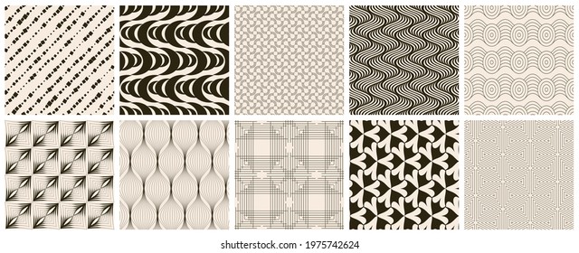 Seamless vector pattern set. Abstract simple geometrical texture. Dark brown on yellow old paper background.  Retro thin lines. Modern lattice graphic design.