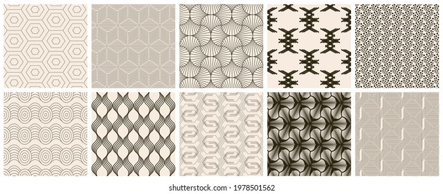 Seamless vector pattern set. Abstract simple geometrical texture. Dark brown on yellow old paper background.  Retro thin lines. Modern lattice graphic design.