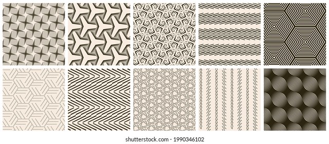 Seamless vector pattern set. Abstract simple geometrical texture. Dark brown on yellow old paper background.  Retro thin lines. Modern lattice graphic design.