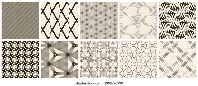 Seamless vector pattern set. Abstract simple geometrical texture. Dark brown on yellow old paper background.  Retro thin lines. Modern lattice graphic design.