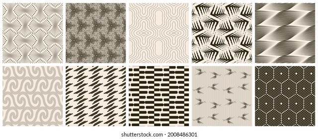Seamless vector pattern set. Abstract simple geometrical texture. Dark brown on yellow old paper background.  Retro thin lines. Modern lattice graphic design.