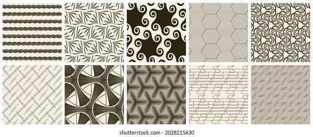 Seamless vector pattern set. Abstract simple geometrical texture. Dark brown on yellow old paper background.  Retro thin lines. Modern lattice graphic design.