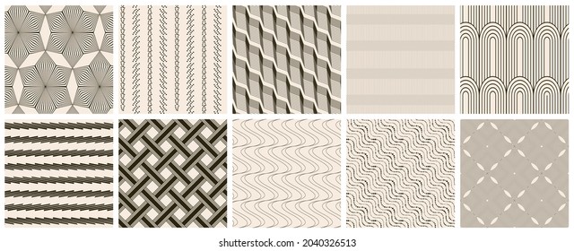 Seamless vector pattern set. Abstract simple geometrical texture. Dark brown on yellow old paper background.  Retro thin lines. Modern lattice graphic design.