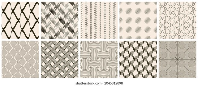 Seamless vector pattern set. Abstract simple geometrical texture. Dark brown on yellow old paper background.  Retro thin lines. Modern lattice graphic design.