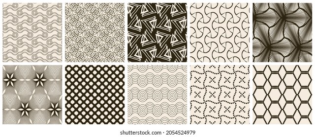 Seamless vector pattern set. Abstract simple geometrical texture. Dark brown on yellow old paper background.  Retro thin lines. Modern lattice graphic design.