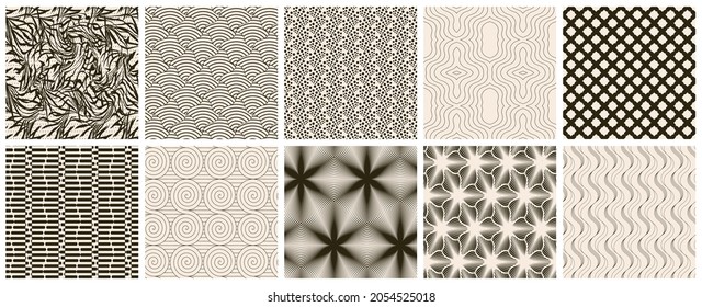 Seamless vector pattern set. Abstract simple geometrical texture. Dark brown on yellow old paper background.  Retro thin lines. Modern lattice graphic design.